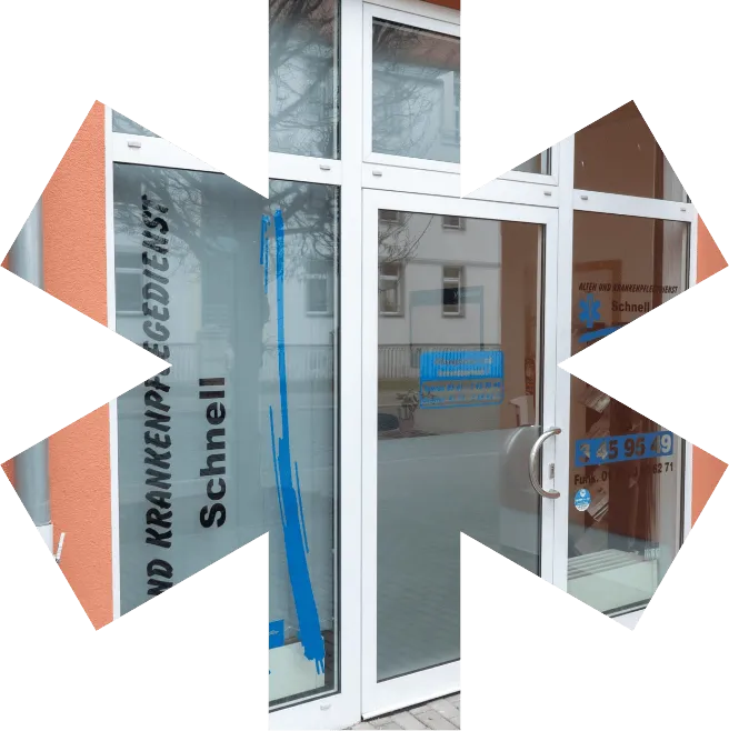 Eingang der Zentrale des Pflegedienstes Schnell in Sternform ausgeschnitten